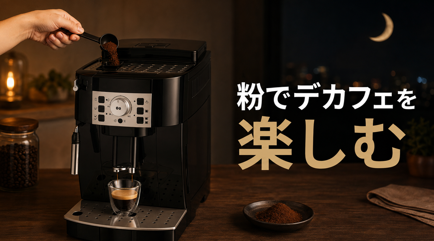 マグニフィカSの投入口へデカフェ粉を入れる様子