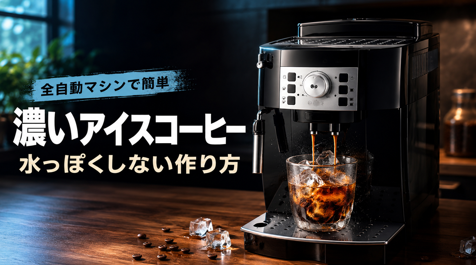 マグニフィカSで氷入りグラスへ濃いコーヒーを抽出する様子