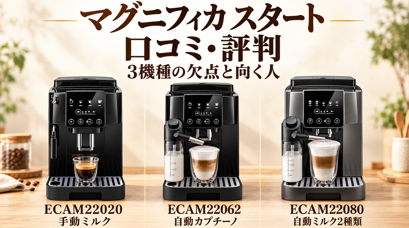 マグニフィカスタートECAM22020・22062・22080を並べ、口コミ評判と3機種の欠点・向く人を紹介するアイキャッチ画像